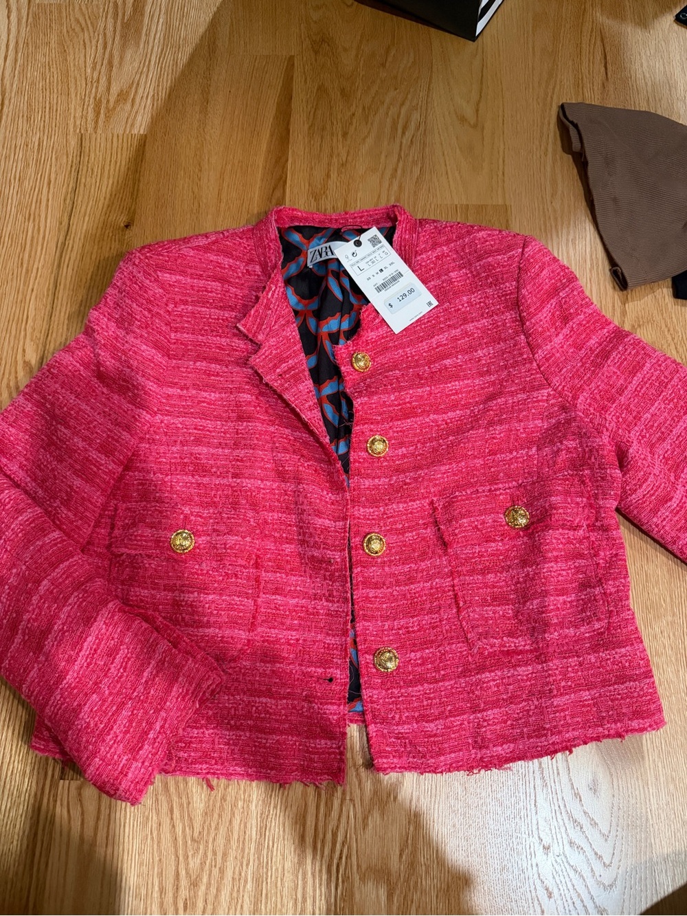 Zara Pink Tweed Blazer with Gold Buttons